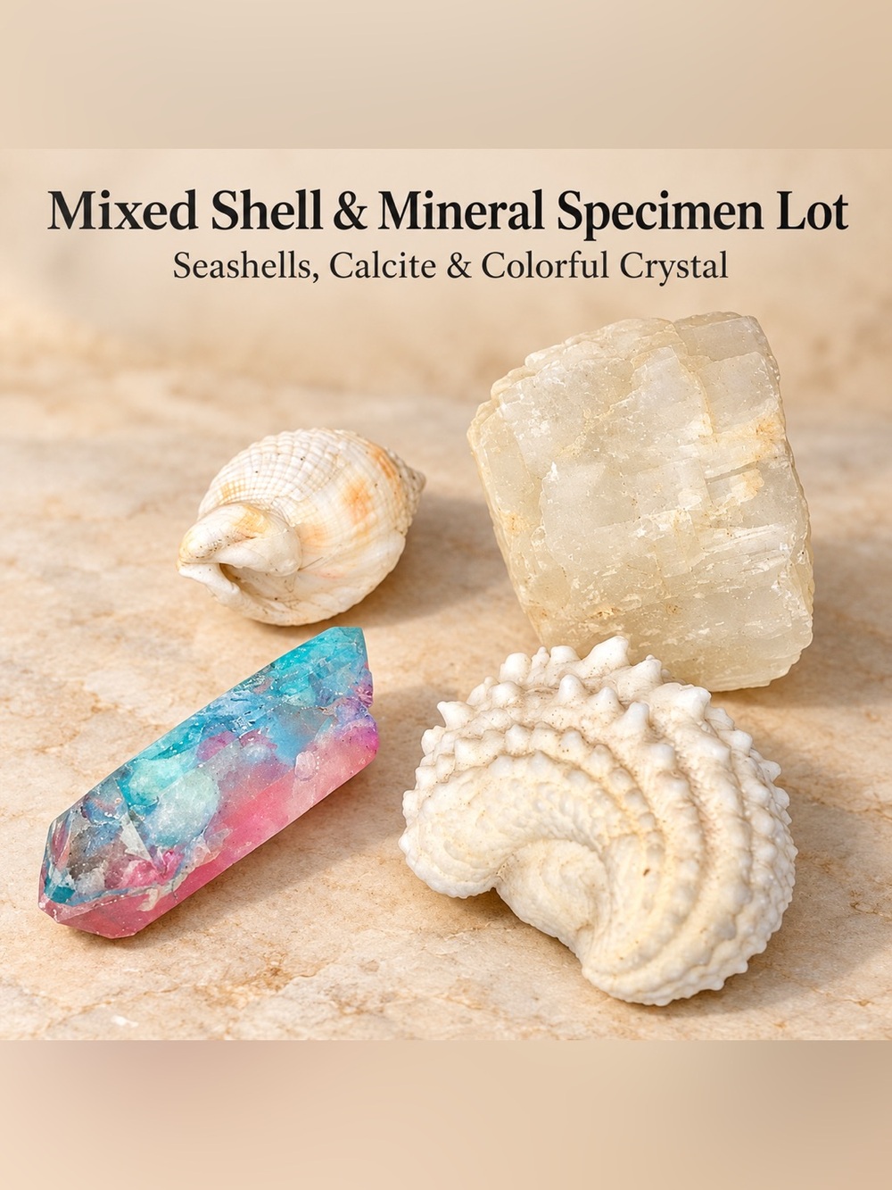 Mixed Shell & Mineral Specimen Lot – Seashells, Calcite & Colorful Crystal